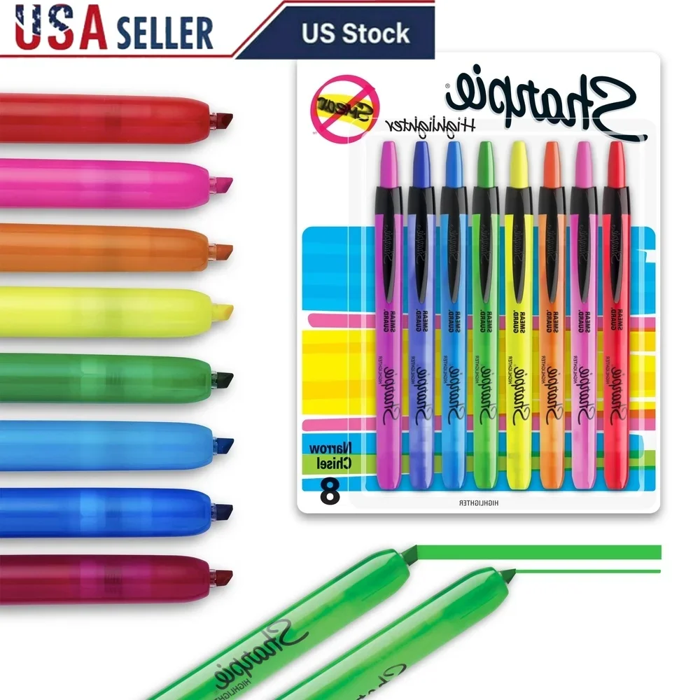 

Retractable Highlighter Set Chisel Tip Fluorescent Colors 8 Pack Non-toxic Easy Glide Storage Pouch Ideal Study Office Note