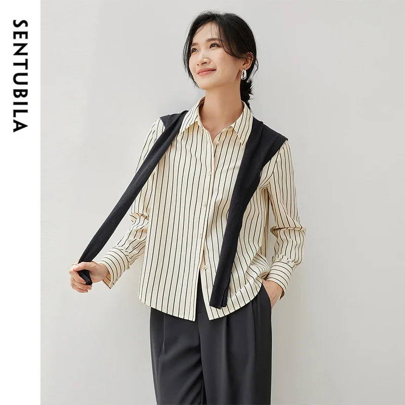 

SENTUBILA Casual Striped Shirt Women 2025 Autumn Fall Wool Knit Shawl Comfort Long Sleeve Tops for Woman Clothing 143C56803