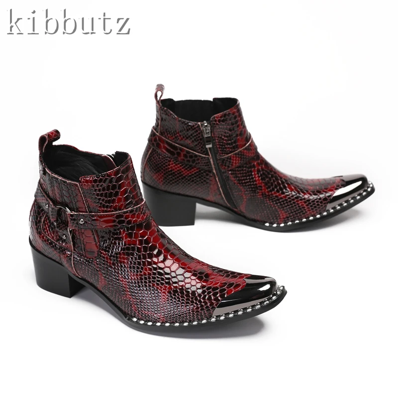 Black Red Snake Pattern Men Short Boots Desinger Metal Toe Genuine Leather Rivets Ankle Boots Wedding Banquet Dress Shoes