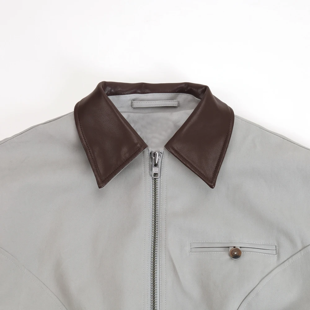 

Women's Fitted Waist Leather-Patchwork Cotton-Blend Jacket Elegant Commuter Style with Leather Collar for Spring Y2k 2026 New