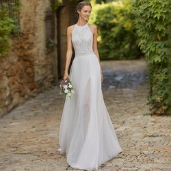 Modern O-Neck Lace Sleeveless Wedding Dress Boho A-Line Tulle Floor Length Bridal High Quality Sweep Train Bohemia Bride Gowns