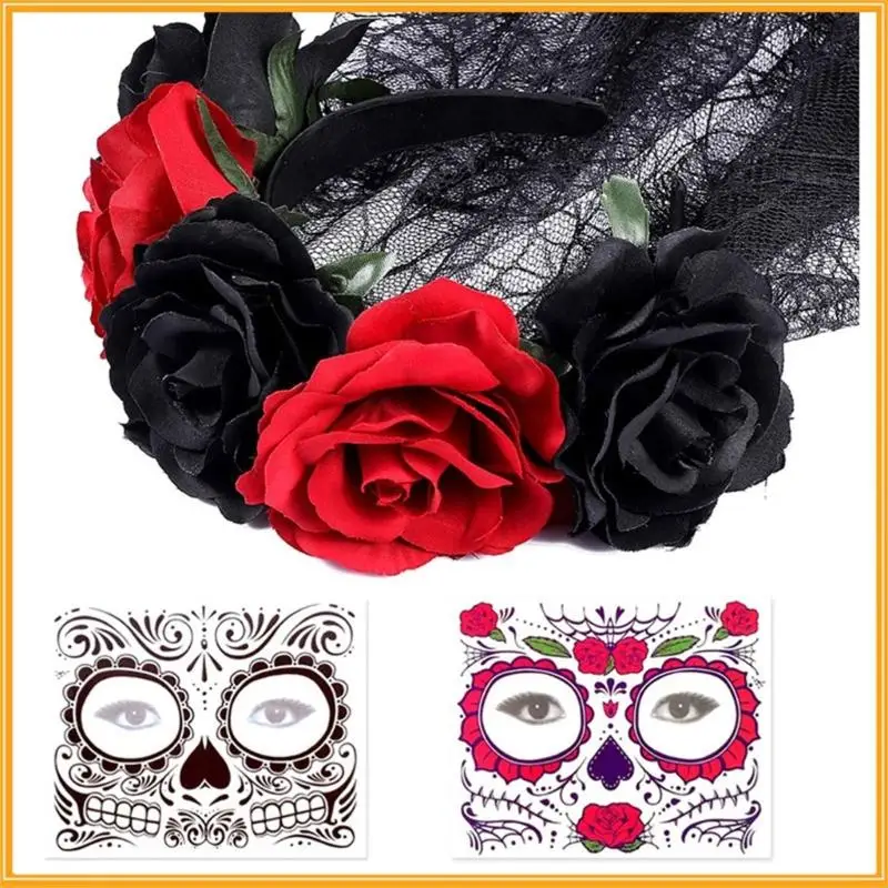 652F Halloween Dag Doden Kostuums Bloem Hoofdbanden Sluier Gezicht Getatoeëerde Stickers Dias los Muerto Vrouwen