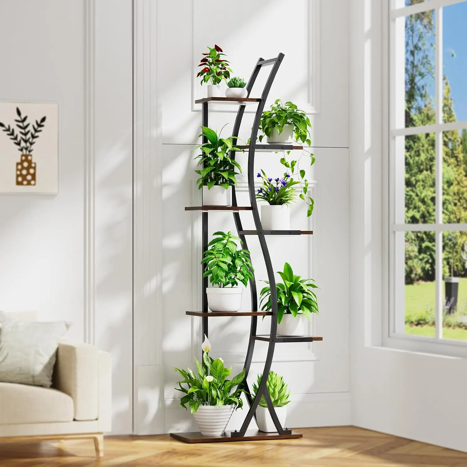 Support pour plantes d'intérieur avec lumière de croissance, étagère à plantes en métal à 7 niveaux, support pour plantes d'intérieur, coin incurvé, présentoir à fleurs, 62 po de haut