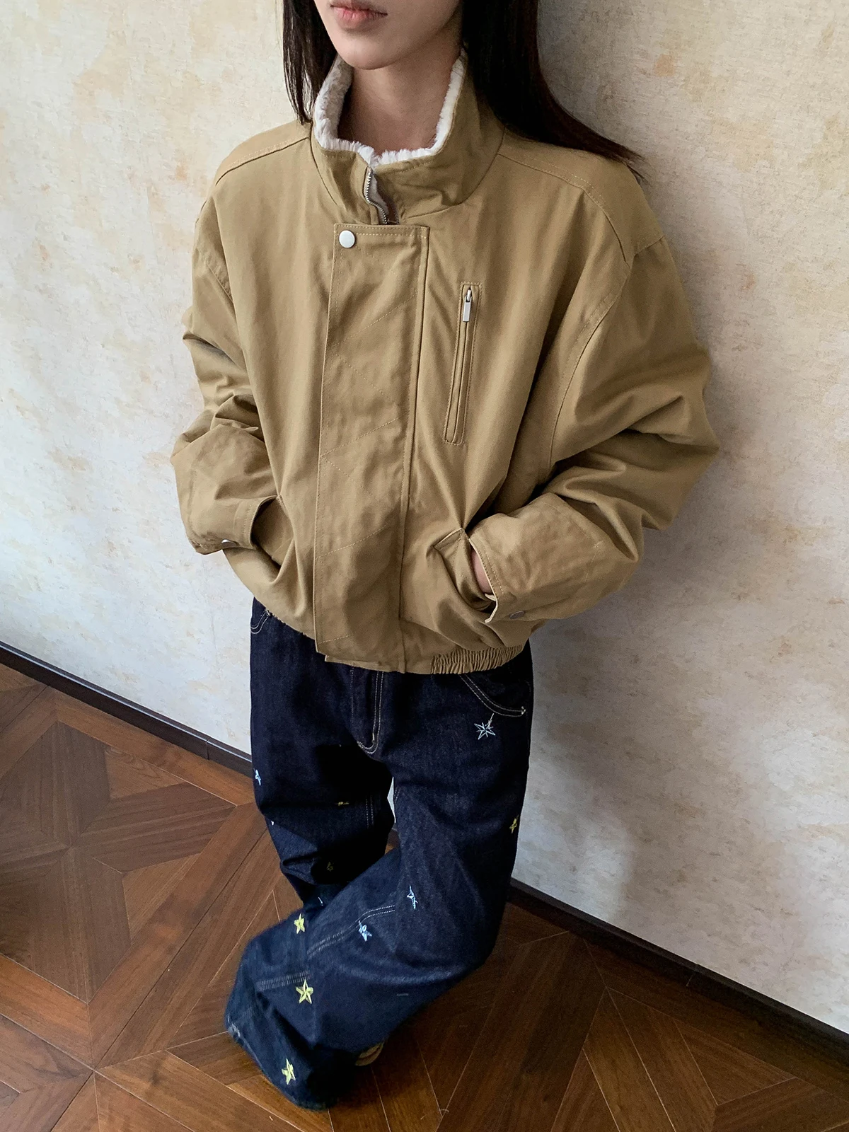 

Aket American Retro Barn Sle Cotton Jaet ort Bomber Workwear Zipper Closure ex Streetwear Loose Fit Winter Coat