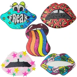 Lip Sequin Patches and Appliques Coat T-shirt Decorative Sticker Iron-on Patch Mouth Badge Large Embroidery Patches for Clothing