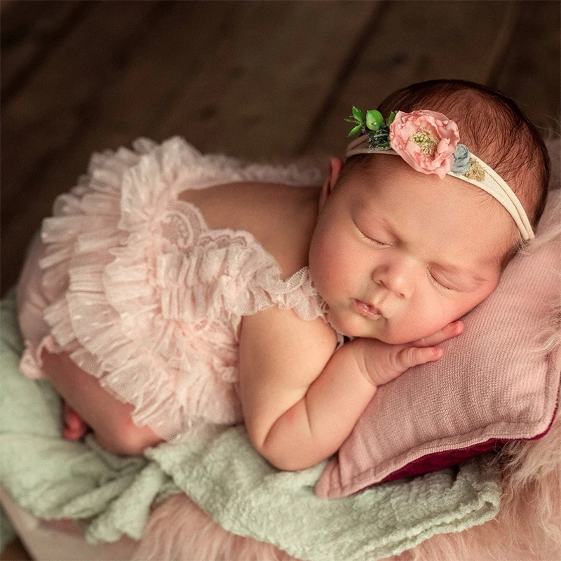 Ylsteed Pink Gray Newborn Lace Romper Photography Outfits Baby Girl Photo Shooting Clothes