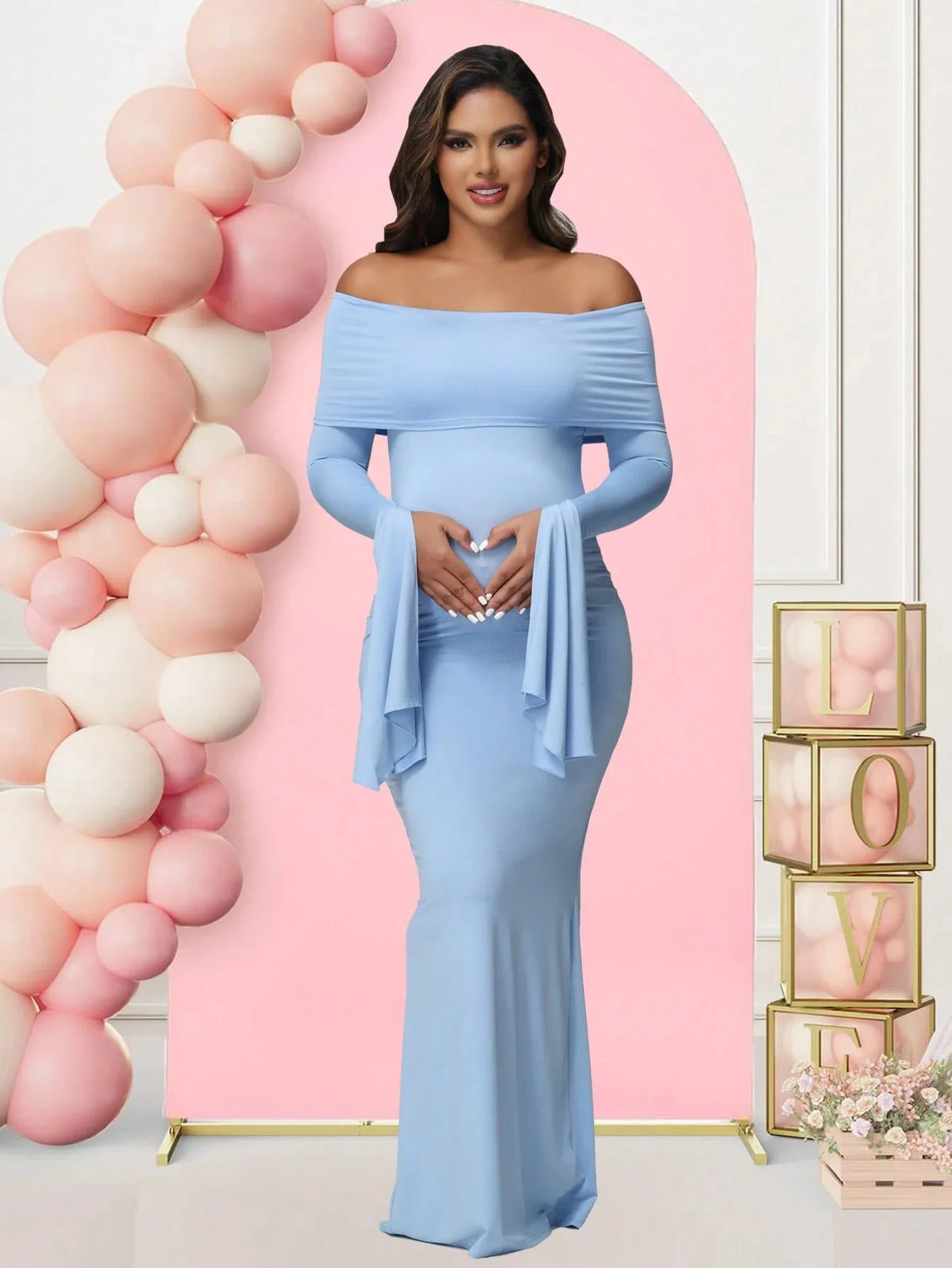 

Maternity dress with bell sleeves and off-the-shoulder design, slim-fit, bodycon, with a slit, evening dress for pregnant women