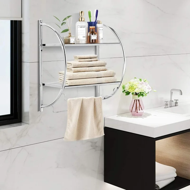 

Wall Mount 2 Tier Bathroom Shelf with Bars, 18" W X 10" D X 22" H, Home Toilet Double Layer Rustproof Chrome Shelf