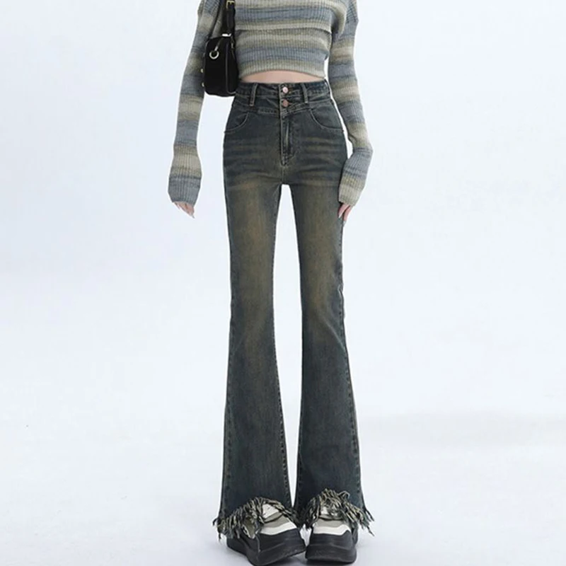 Damen Chic Zerrissene Designer High-Waist Schlagjeans Mädchen Y2k Retro Mode Dünne Hosen Weibliche Koreanische Lässige Denim-Hosen