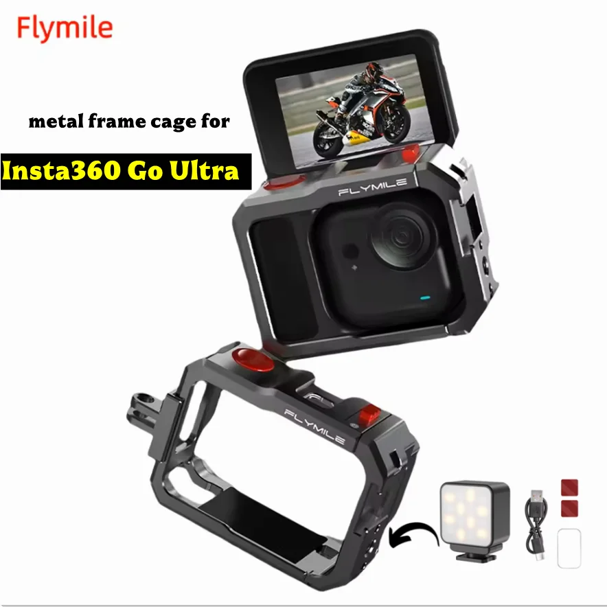 

Flymile Metal Cage for Insta360 GO Ultra Camera Protective Frame Aluminum Alloy Case LED Magnetic Light with Cold Shoe accessory