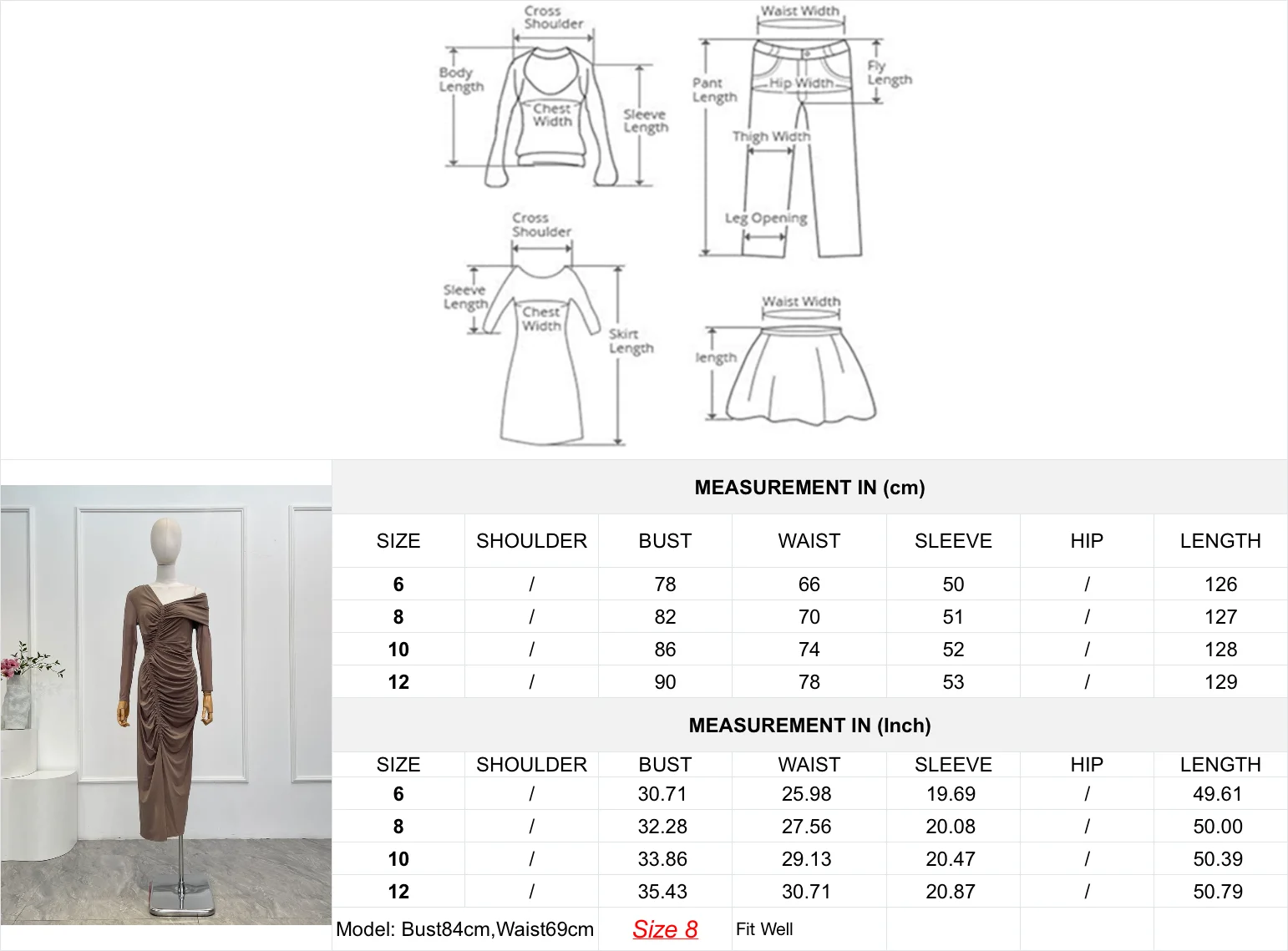 Vestido midi ajustado con un hombro y manga larga con abertura frontal para mujer