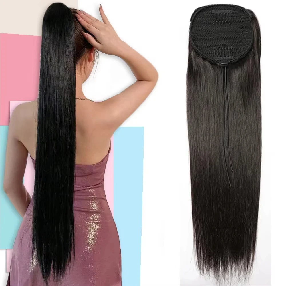 

Наращивание человеческих волос с хвостиком на шнурке для женщин, натуральный цвет, прямой шнурок, 100% человеческие волосы, наращивание хвоста