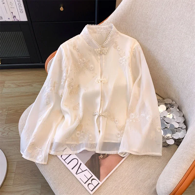 

Embroidery Chinese Style Blouses Spring/Summer Vintage Women's Shirt Loose Chiffon Women Tops Long Sleeves Clothing