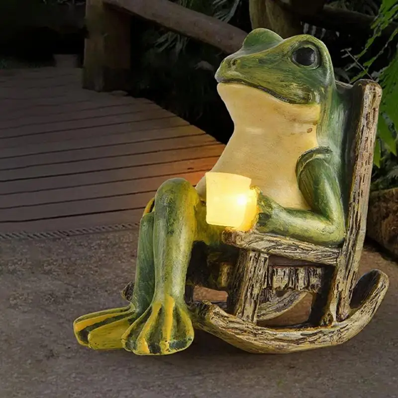 Solar Frog Garden Decor Rocking Chair Resin Frog Sculpture Night Light Waterproof Holding Cup Animal Statue For Outdoor Balcony