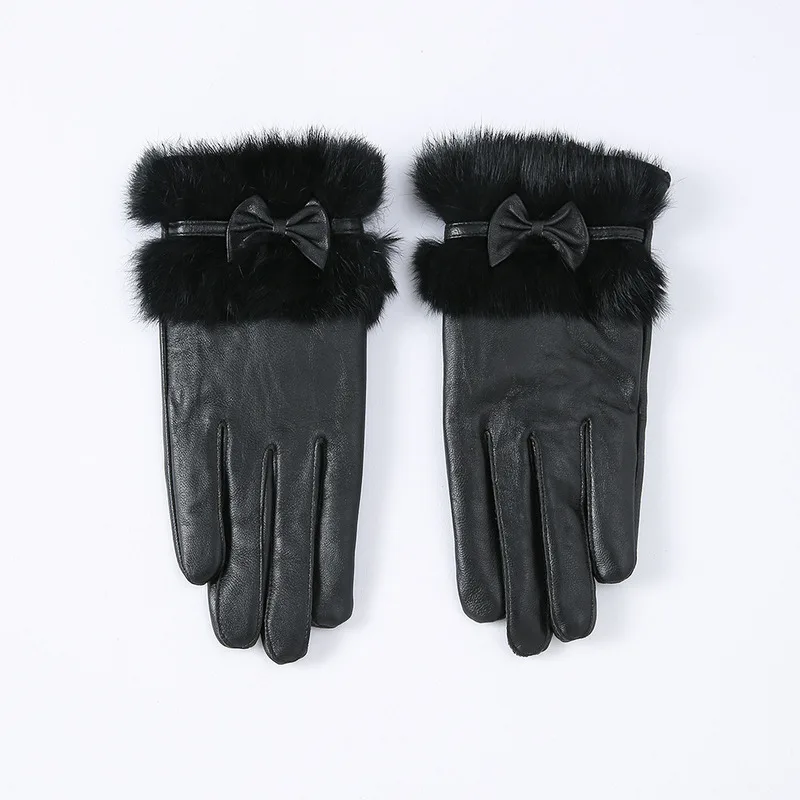 1 Pair Women`s Winter Lambskin Leather Touchscreen Gloves Wool Lined Rabbit Fur Cuffs Bowknot Decor Thickened Mittens