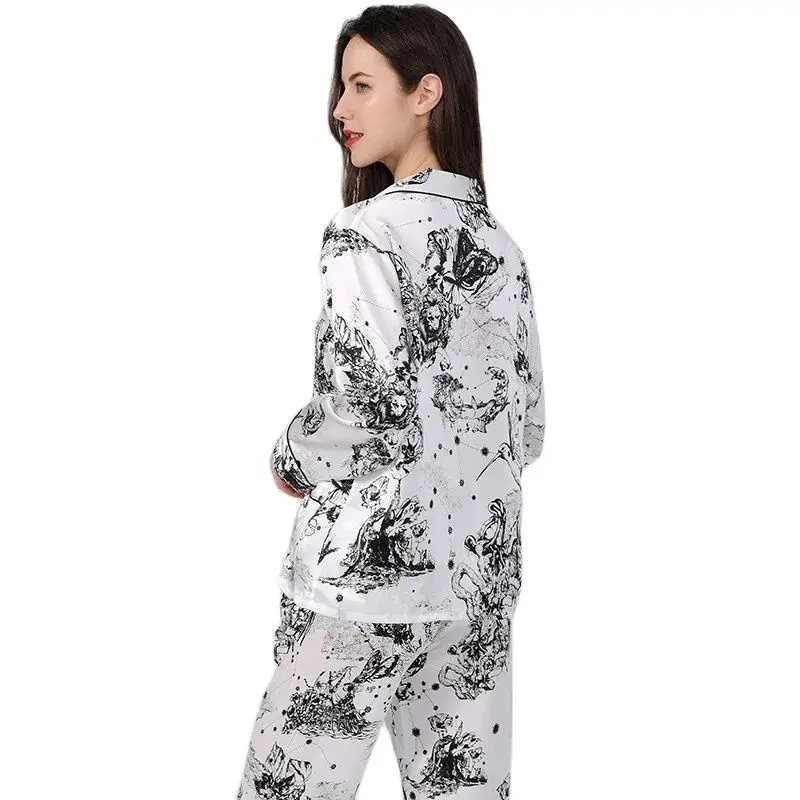 Winsleter,19Momme 100%Genuine Silk Pajamas Sets,Print New Sleepwear Pyjamas,Women Luxurious Fashion Elegant Flowers,S47969QM