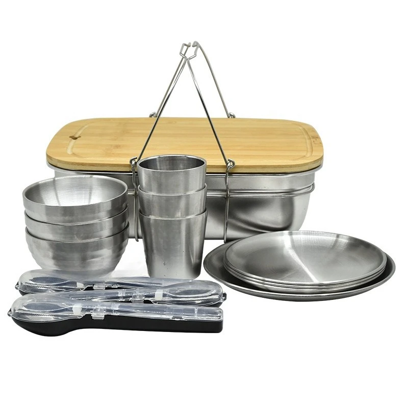

4-Person tableware set 304 stainless steel portable tableware and chopsticks camping picnic camping supplies and equipment