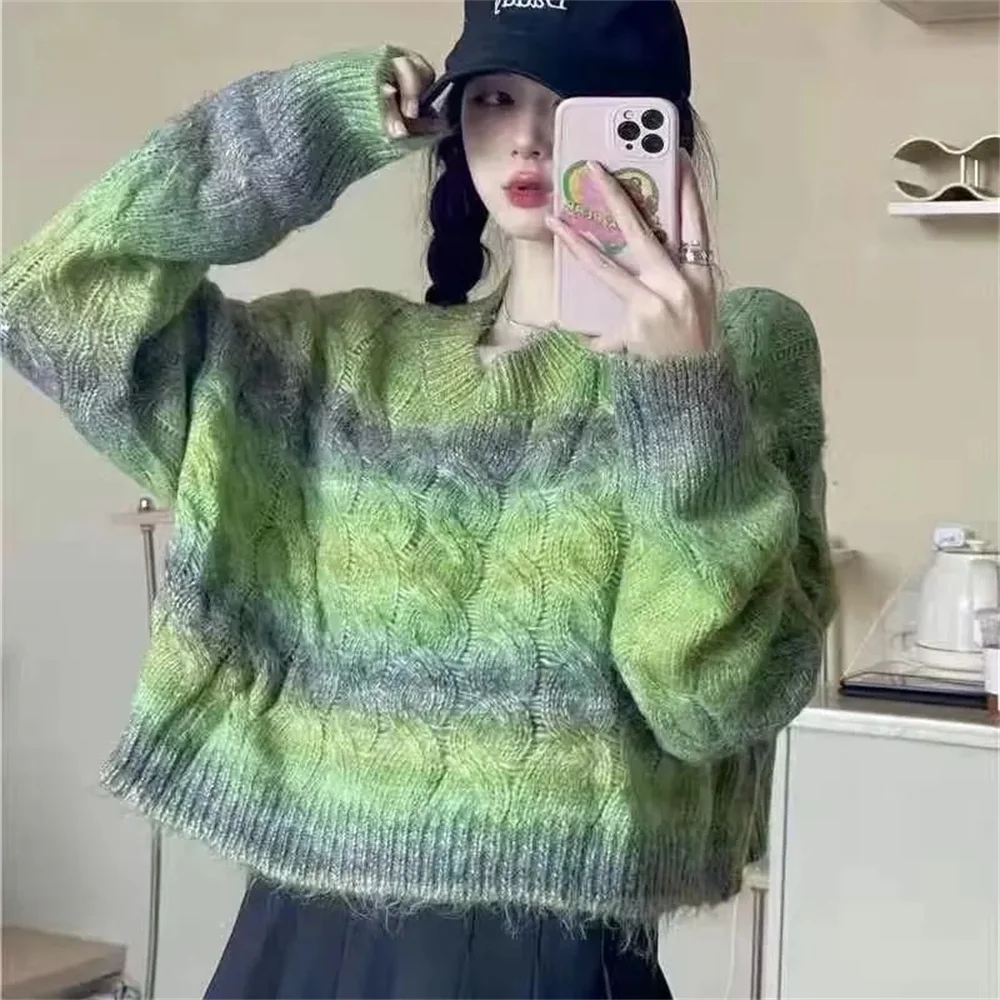 Gaganight Women Gradient Color Twist Soft Waxy Sweater Women's Autumn 2023 New Korean Version O Neck Loose Short Knitted Tops