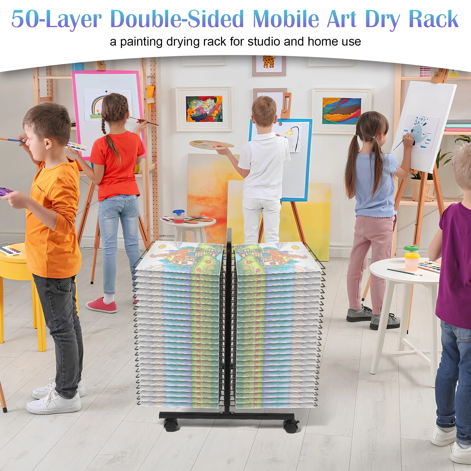 50 Floors Painting Drying Rack Double Sided Mobile Art Storage Organizer with Wheels Rolling Art Rack Cart for Art Studio