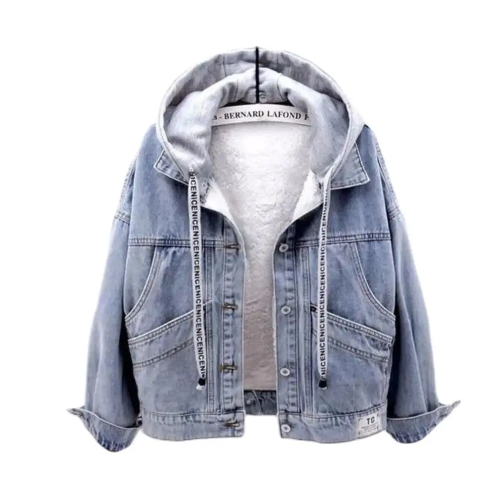 Female plus velvet overcoat warm tops thicken Blue Adjustable Hooded Denim Jacket Women Loose Button Patchwork Outwear Jean Coat