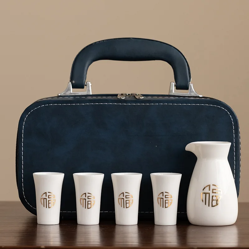 Creative Ceramic Travel Wine Set Retro Outdoor Portable Japanese Style Household Sake Pot Bar Set Gift Box Leather Bag 2025 New