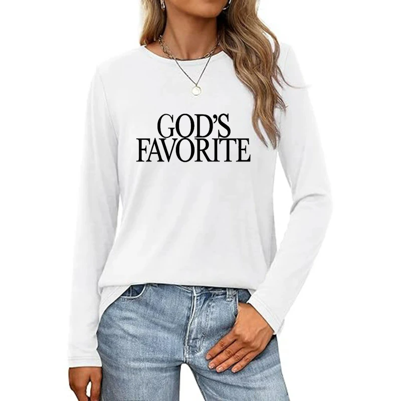 GOD'S FAVORITE Graphic Long Sleeve Tee Shirt Women's Simple Printed Crew Neck T-shirt Slim Fit Tshirt Woman Gothic Y2k Clothes