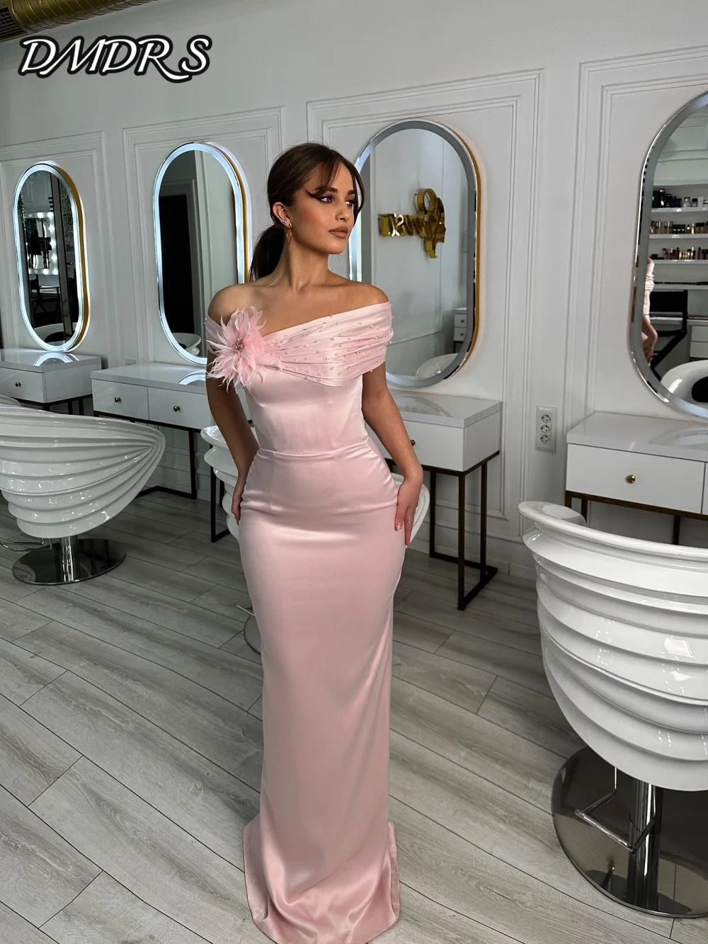

DMDRS Off-shoulder Evening Dress 2025 Sleeveless Satin Party Gown Formal A-line Floor-Length Party Dresses Customized