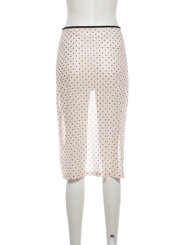 Kliou Lange Röcke mit Polka-Dot-Print für Damen, sexy, durchsichtiges Design, Kordelzug, elastische Taille, Hot Girls High Street Style Buttoms – Detail 5