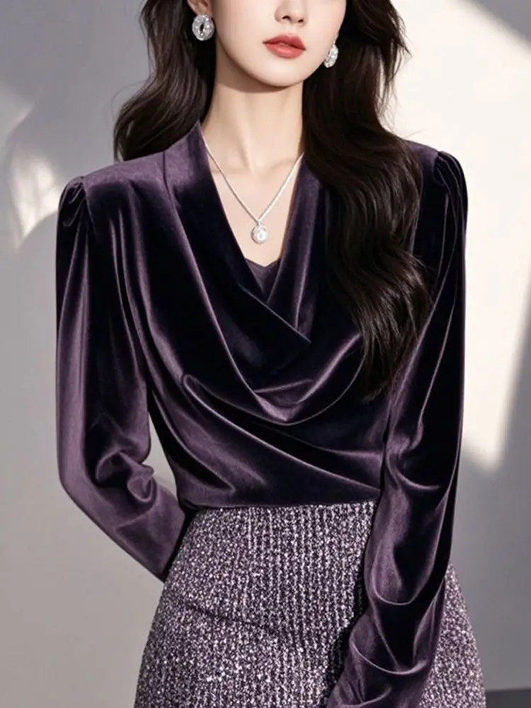 

Fashion High-end Sense Light Luxury Purple Swing Neck Shirt Women's Super Good-looking Cold Foreign-style Shirt