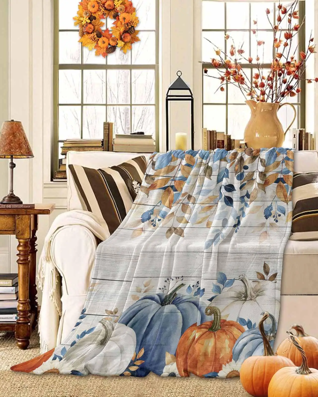 

Pumpkins Blue Orange Eucalyptus Leaves Thanksgiving Flannel Fleece Blanket, Grey Wooden Autumn Lightweight Blanket