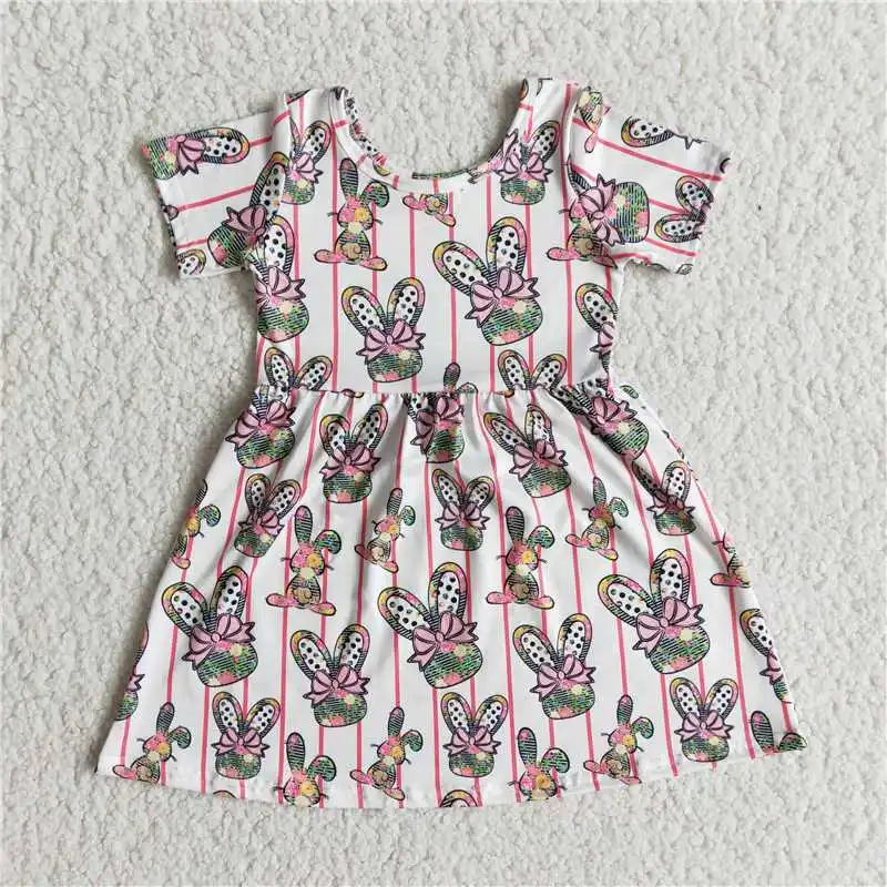 3.01 Wholesale Girls Summer Short Sleeve Easter Dress Multi-Element Round Neck Pattern Print Rabbit Bright Color