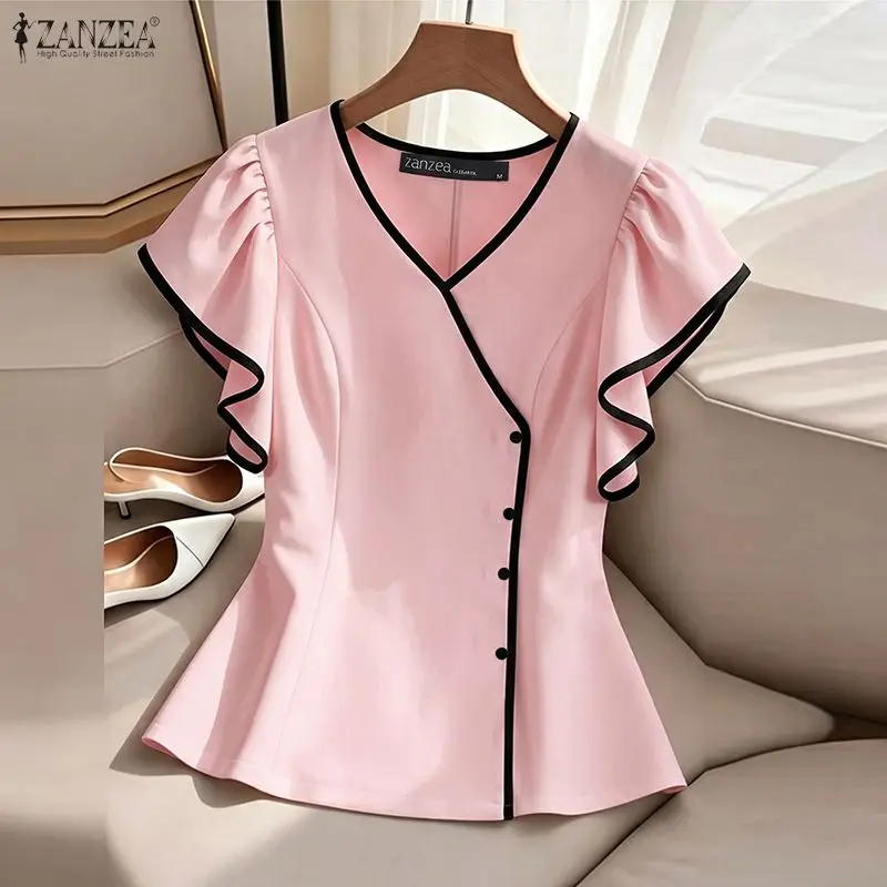 ZANZEA Woman Elegant Contrast-Trim Blouses Summer V-Neck Ruffles Short Sleeves Solid Color Tops Commute Office Wear Blusas Mujer