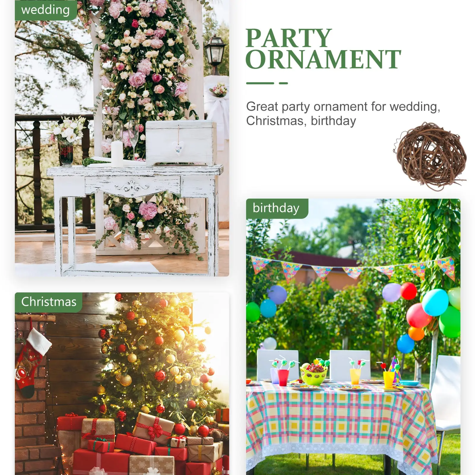 

8Pcs Decorative Rattan Balls Hollow Woven Party Ornaments for Wedding Christmas Birthday Home Scene Layout DIY