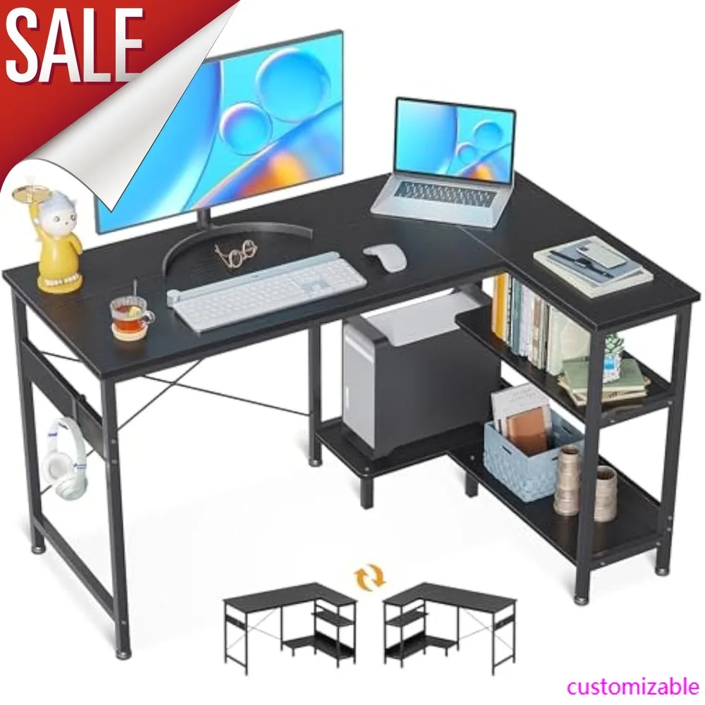 

47-дюймовый небольшой L-образный компьютерный стол с двусторонними полками для хранения, L-образный угловой стол с железным крючком для небольшого пространства, режим-