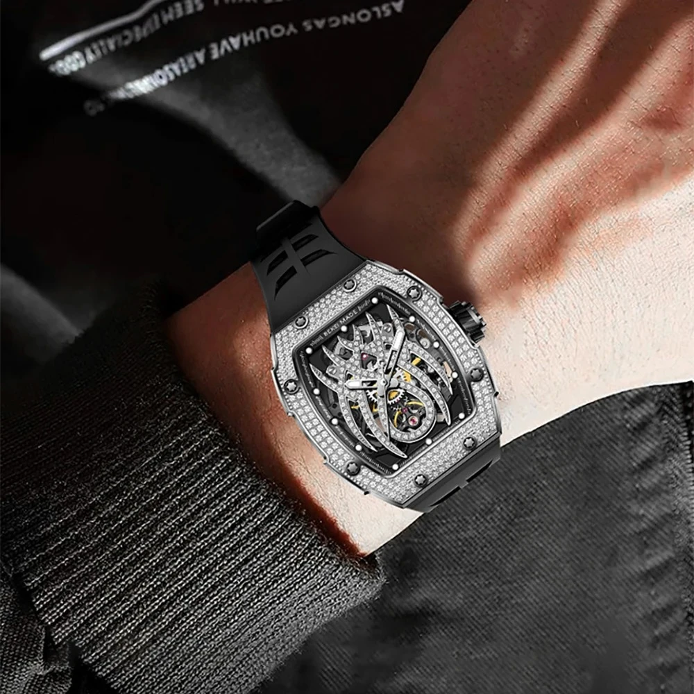 

Модные автоматические механические наручные часы со скелетонизированным механизмом, светящиеся часы из нержавеющей стали для мужчин, часы с инкрустацией кристаллом циркона