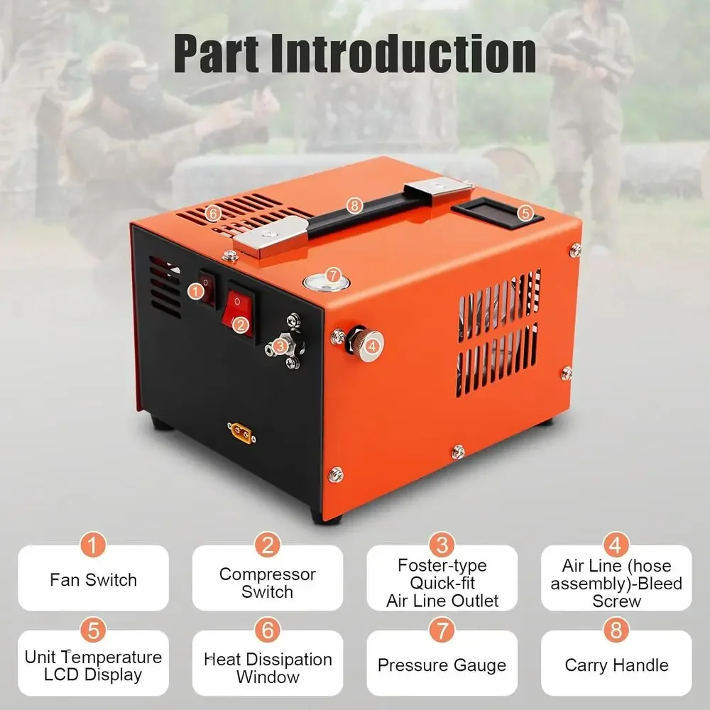 Portable 12V/110V DC Air Pump for PCP Airguns, 300Bar/4500Psi, Anhydrous, Auto Start, with Moisture and Oil Filter view 6