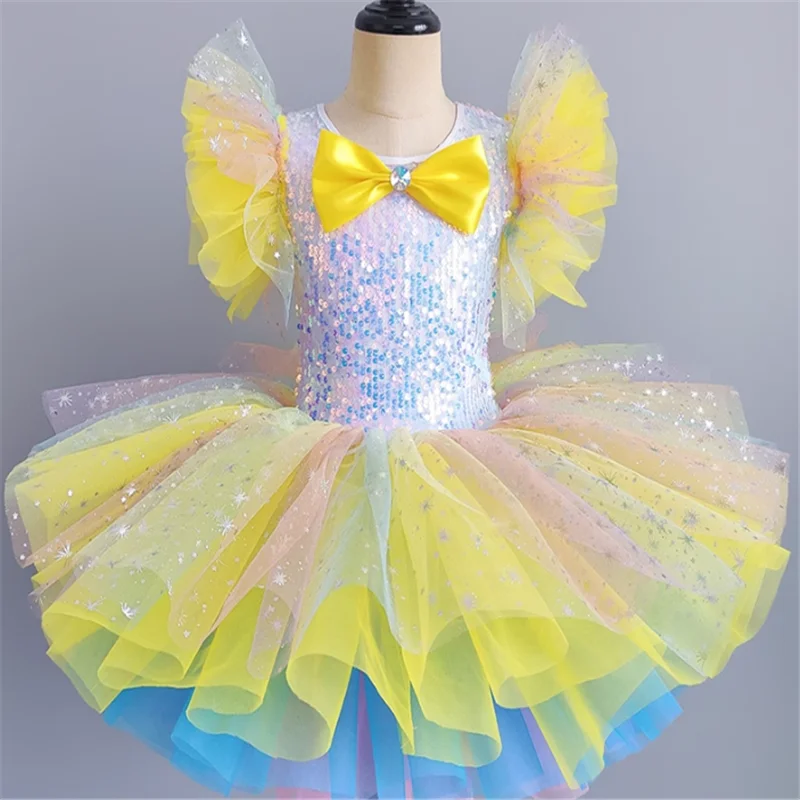 

New Ballerina Fairy Prom Party Costume Kids Blue Sequined Flower Dress Girls Dance Wear Gymnastic Ballet Leotard Tutu Dress