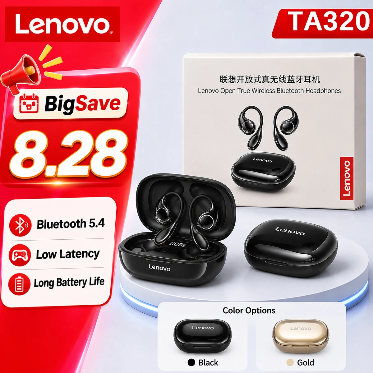 Choice Lenovo TA320 Bluetooth 5.4 Wireless Earbuds Low Latency Gaming Earphones Ear Hooks TWS Headphones Sport Headset with Mic