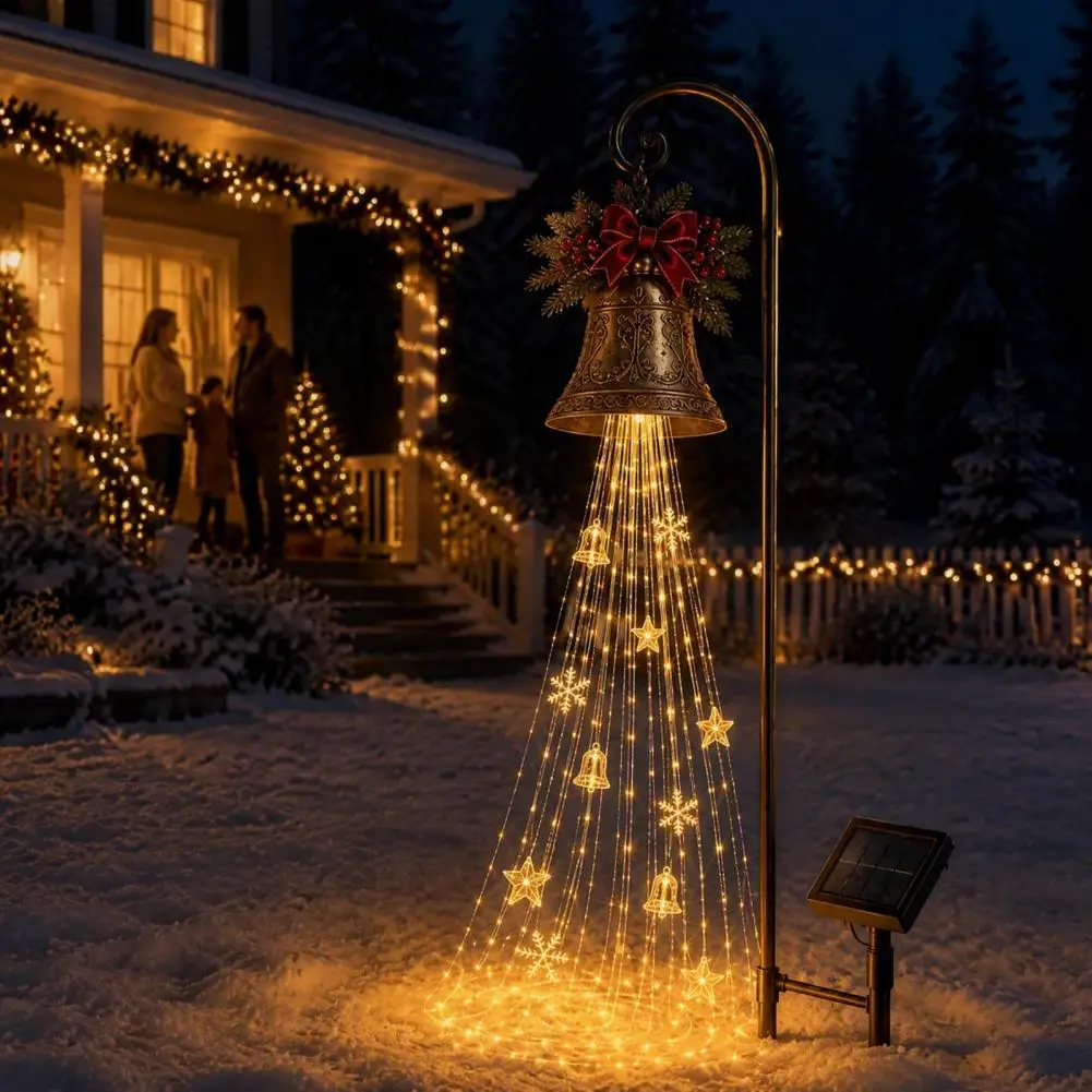 Warm White Festive Yard Decor Solar Christmas Bell Waterfall Light Led Metal Garden Stake with Ribbon Waterproof for Yard