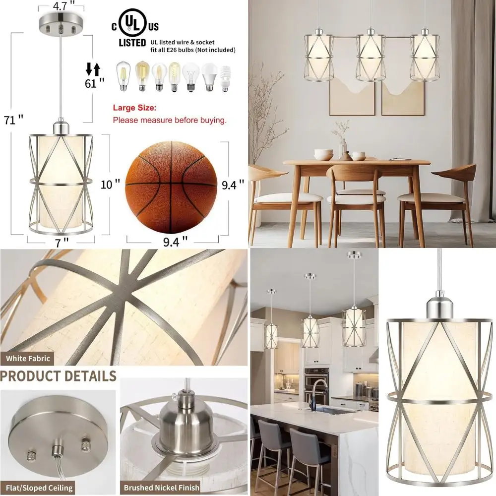 

Подвесные светильники с регулируемой высотой, из матового никеля, с льняным абажуром для кухонного острова, столовой и прихожей