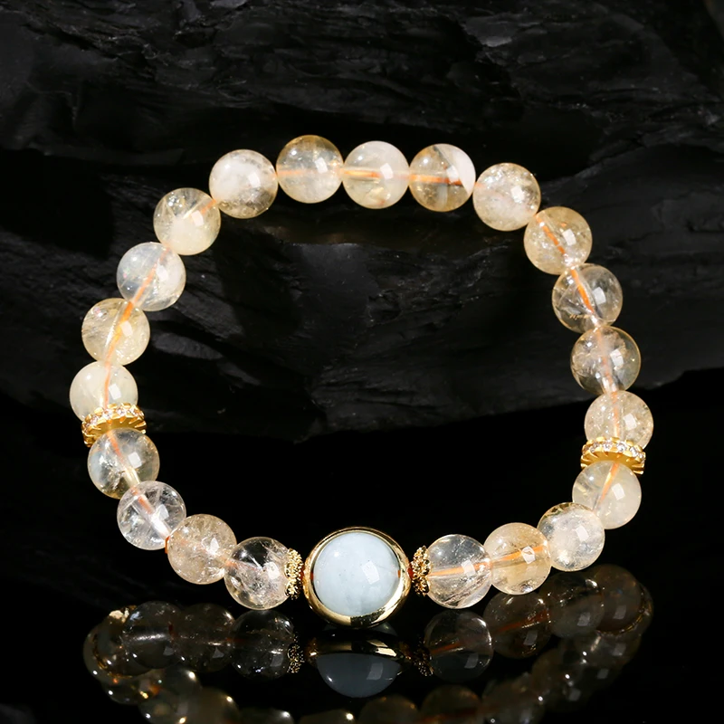 JD Natural Citrine Aquamarine Round Bead Lucky Bracelets Women Fashion Reiki Healing Crystal Stone Stretch Bangles Wrist Jewelry