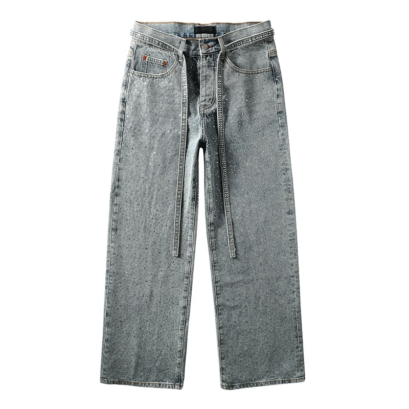 

Distressed Blue Baggy Jeans Stretch Fashion High Street Rhinestones Loose Jeans For Men