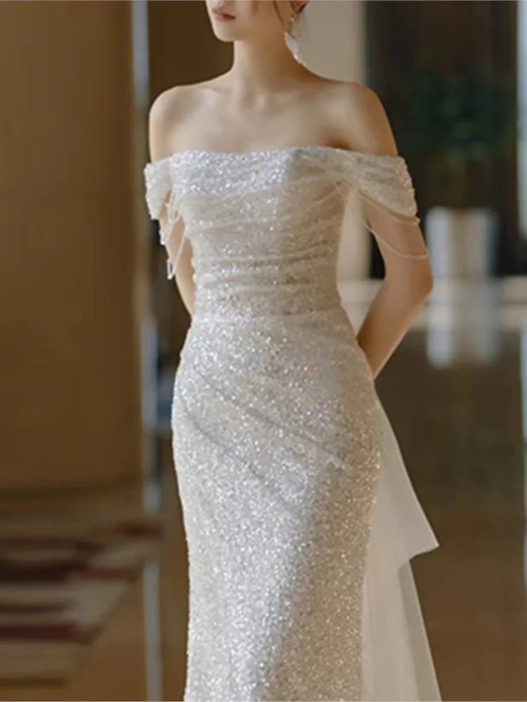 off-Shoulder Light Wedding Dress Fine Glitter Heavy Industry Fishtail Slim Fit Slimming Bride Engagement