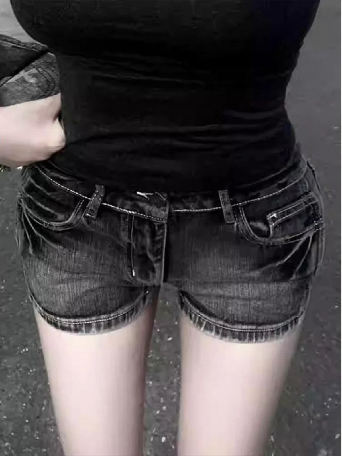 American Style Hot Girl Black Washed Denim Super Short Shorts Women's Summer Elastic Slim Fit Low Waist Bodycon Hot Pants