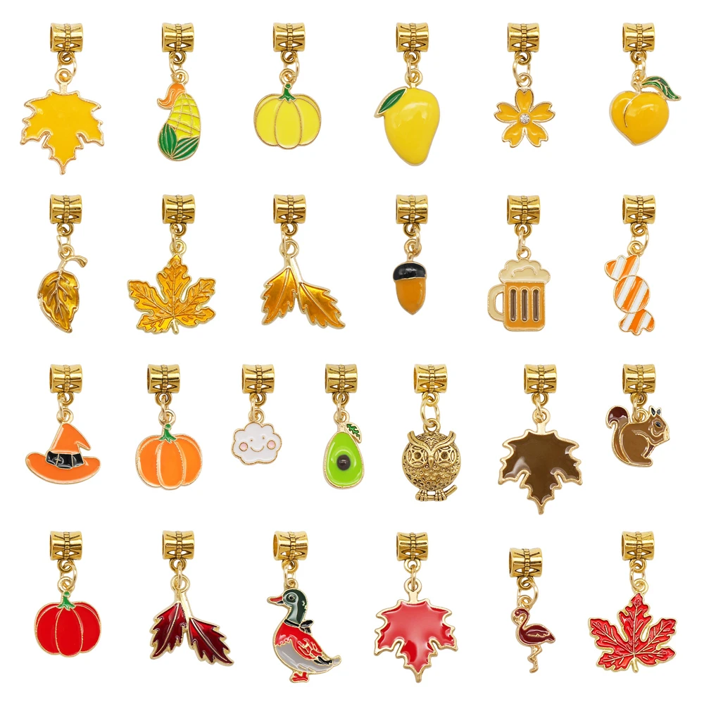 

12/25Pcs Fall Season Enamel Charm with Tube Bail Bead-Autumn Leaf Fruit Pendant for Jewelry Bracelet Necklace Making, Crafts DIY