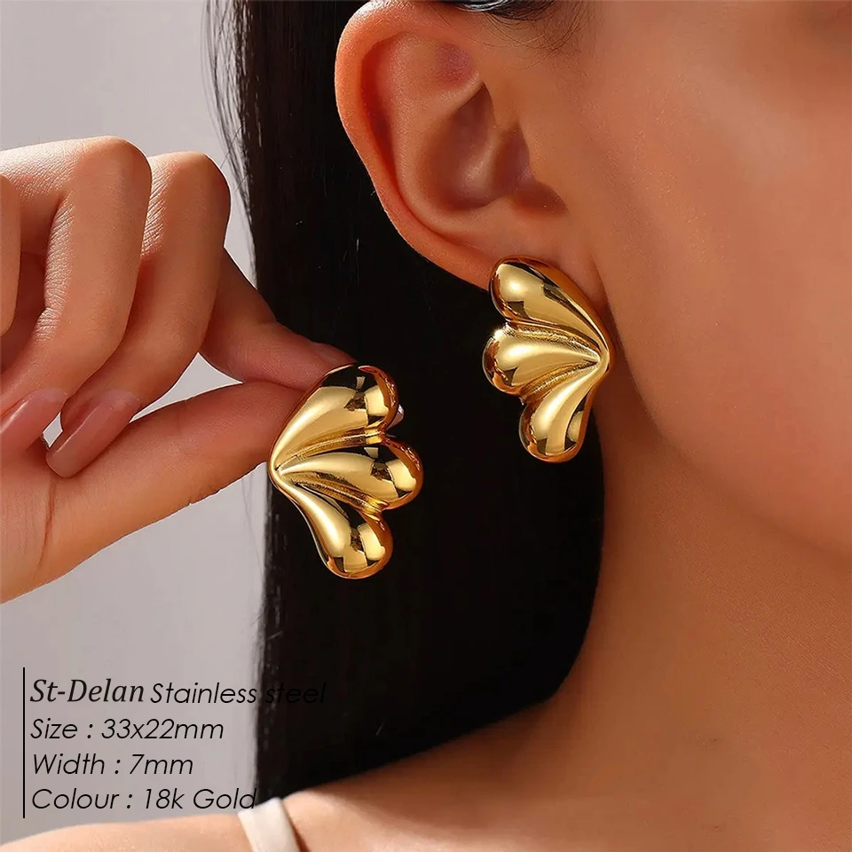 Stainless Steel Heart Stud Earrings for Women Puffy Fan Shaped Earrings Minimalist High Polished Fashion Jewelry