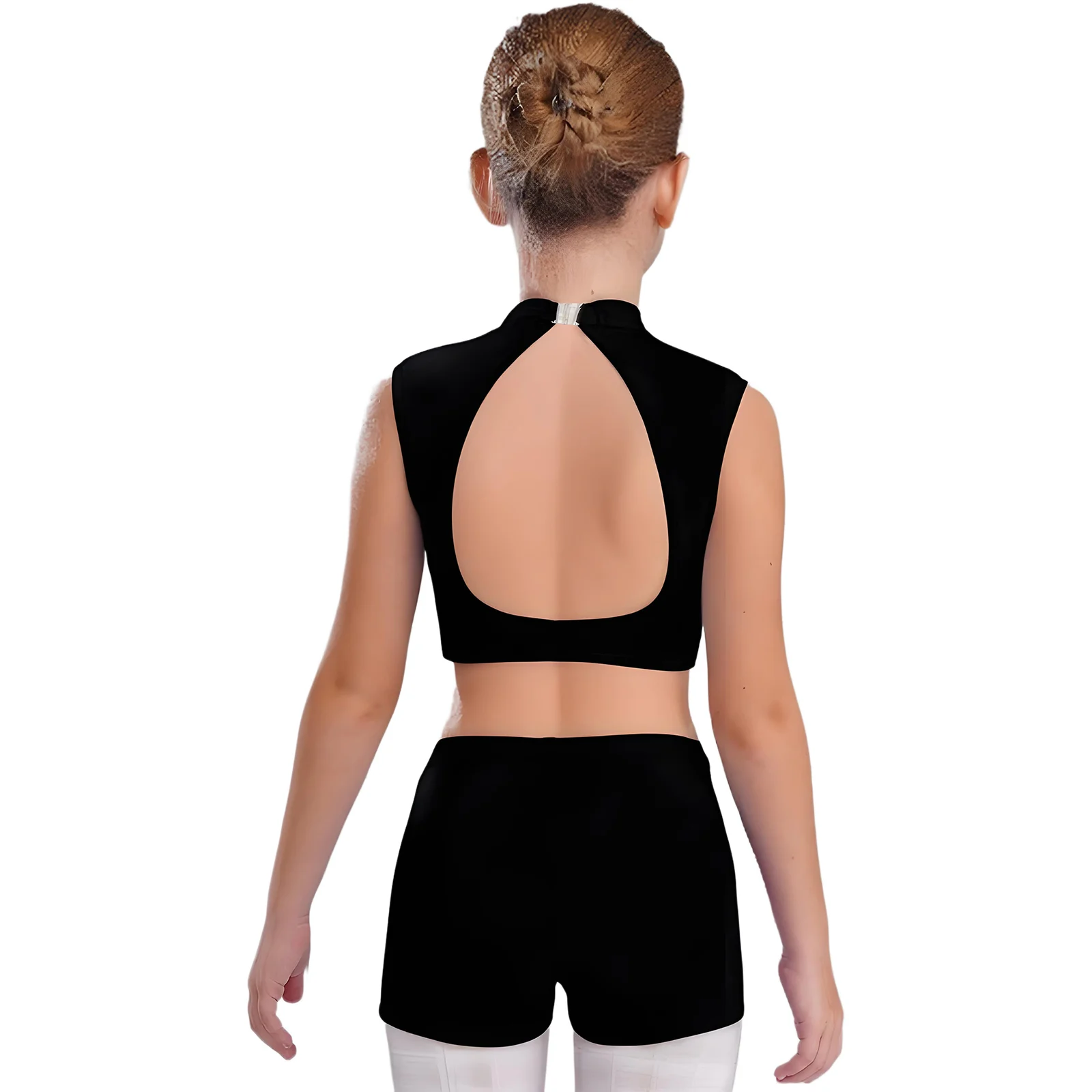 Kids Girls Ballet Gymnastics Sets Dance Performance Costume Sleeveless Rhinestones Metallic Color Block Crop Top with Shorts