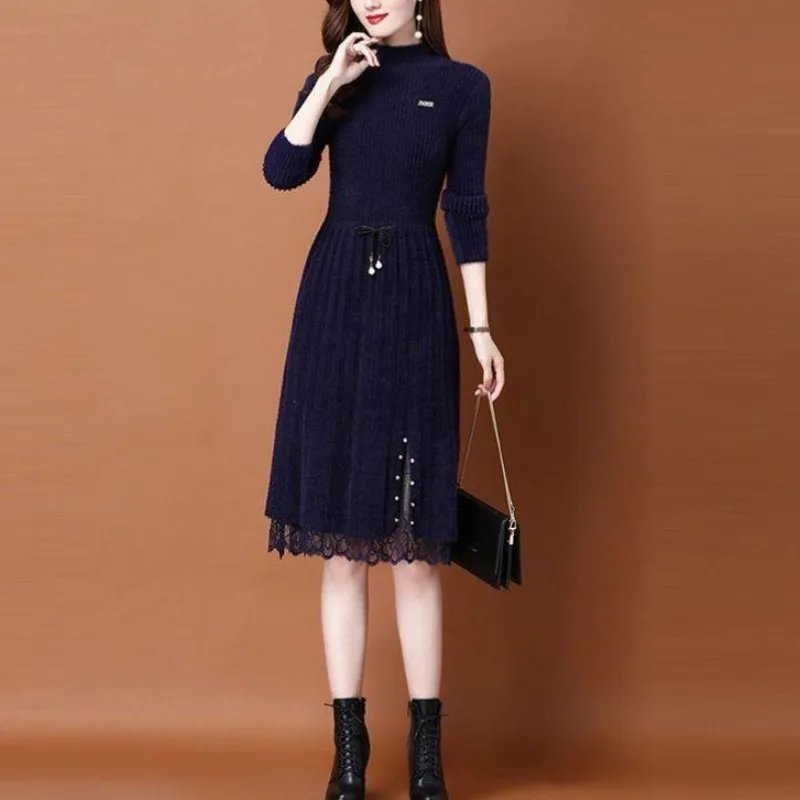 Women's Autumn and Winter New Fashion Elegant Half High Neck Long Sleeve Knitted Dress Casual Versatile Western Style Slim Dress