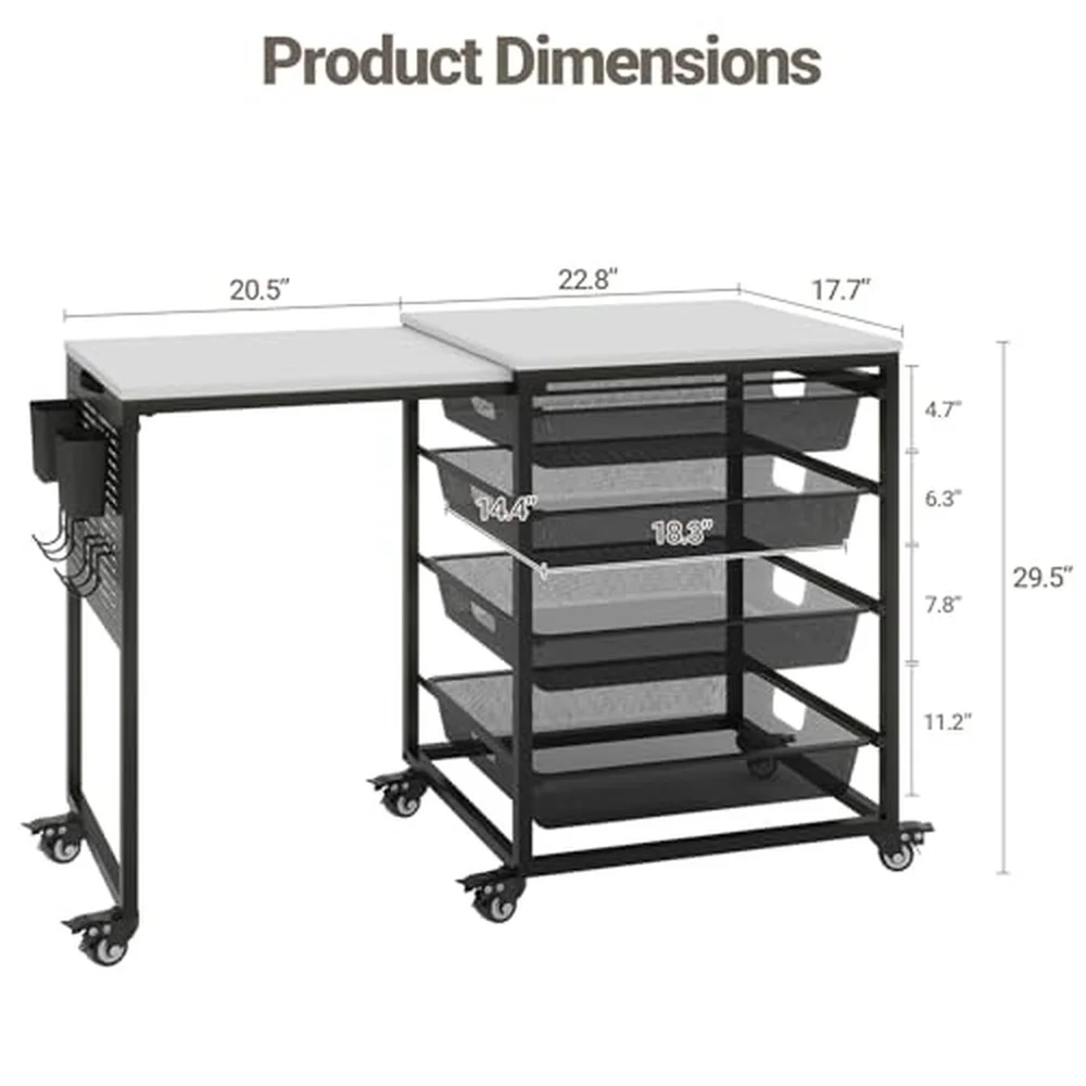 Craft Table with Wheels & Drawer Extendable Cart with Pegboard Black