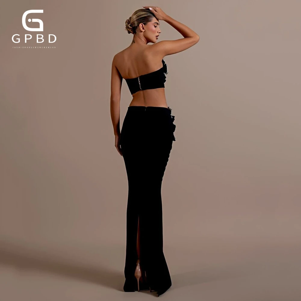  2025 New Women'S Black Sexy Strapless Shiny Diamond Flower Two-Piece Short Top+Long Skirt Tight Party Bandage Set